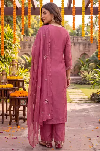 pink chanderi cotton lining kurta dupatta pant set