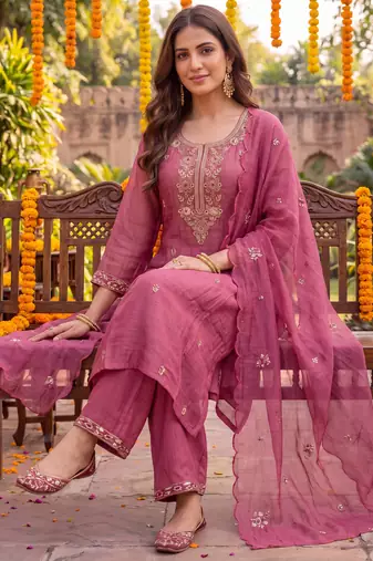 pink chanderi cotton lining kurta dupatta pant set