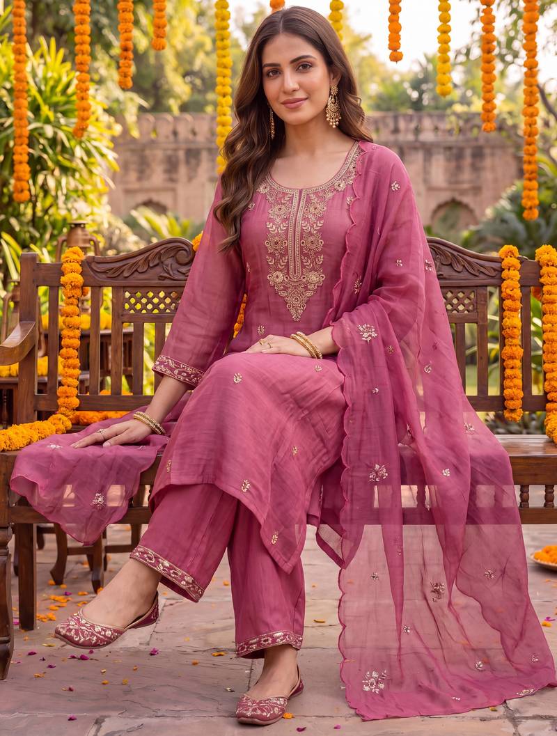 pink chanderi cotton lining kurta dupatta pant set