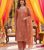 Yufta rust tissue lining kurta dupatta pant set