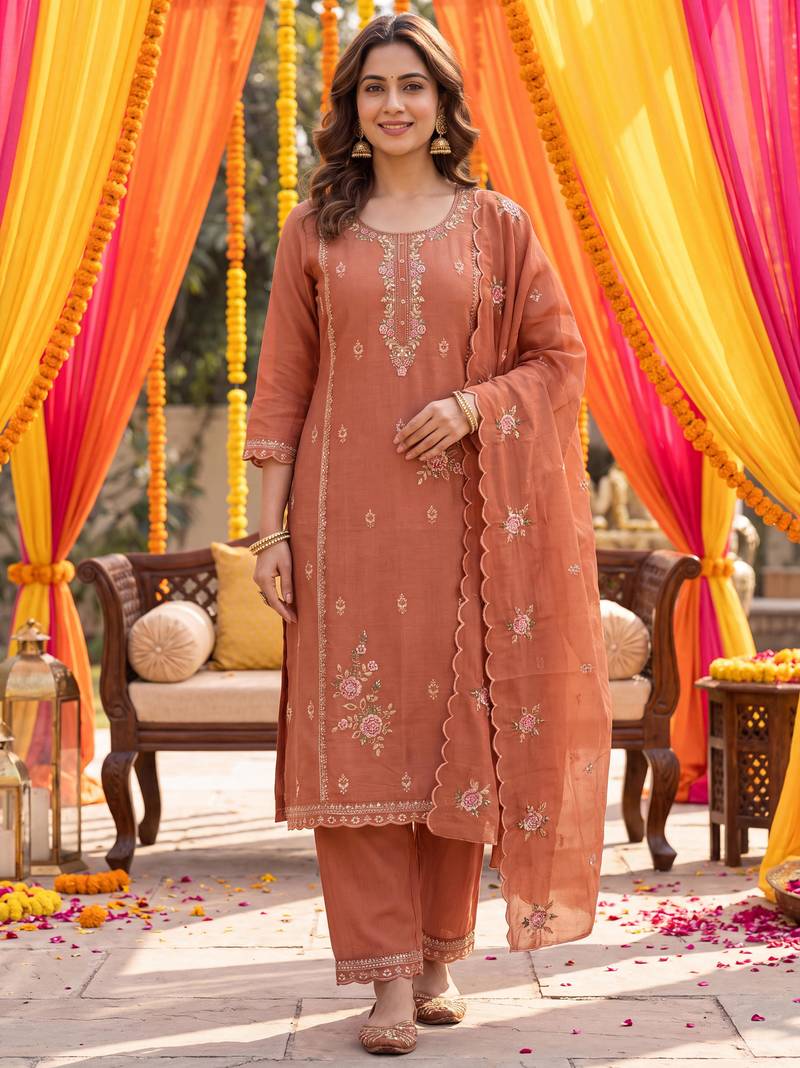Yufta rust tissue lining kurta dupatta pant set