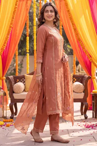 Yufta rust tissue lining kurta dupatta pant set