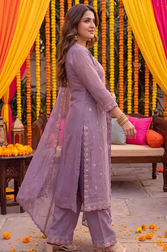 lavender tissue lining kurta dupatta pant set