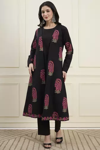 black cotton jacket kurta pant co-ord set