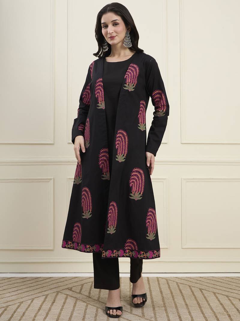 black cotton jacket kurta pant co-ord set