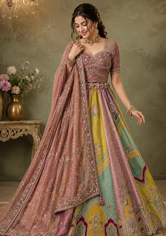 multicolor Color Handwork crystal beads Sequins Embroidery Multi Thread Silk blend Lehenga choli set