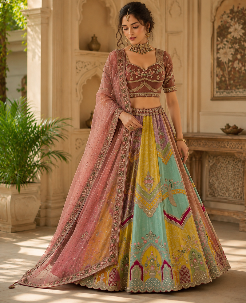multicolor Color Handwork crystal beads Sequins Embroidery Multi Thread Silk blend Lehenga choli set
