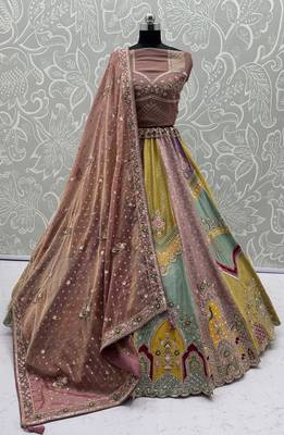 multicolor Color Handwork crystal beads Sequins Embroidery Multi Thread Silk blend Lehenga choli set 3