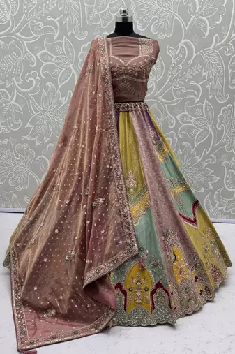 multicolor Color Handwork crystal beads Sequins Embroidery Multi Thread Silk blend Lehenga choli set