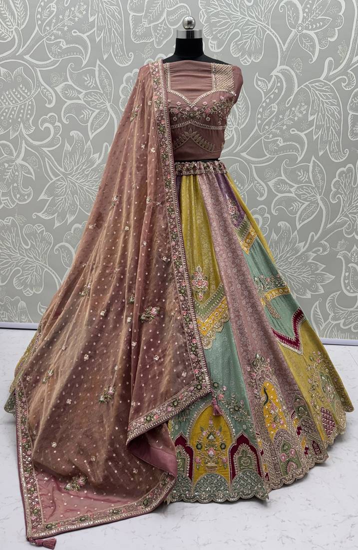 multicolor Color Handwork crystal beads Sequins Embroidery Multi Thread Silk blend Lehenga choli set
