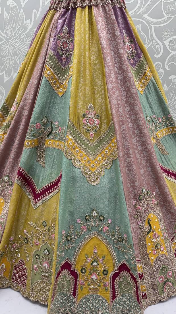 multicolor Color Handwork crystal beads Sequins Embroidery Multi Thread Silk blend Lehenga choli set