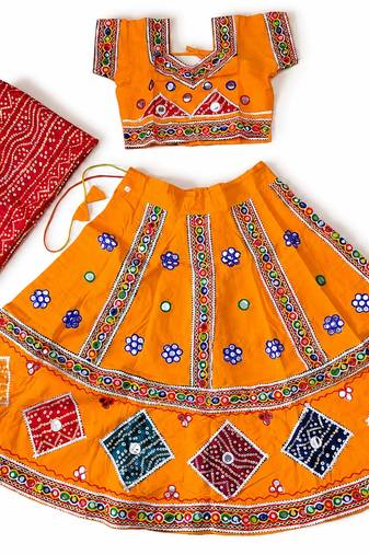Yellow kutch work embroidered cotton mirrorwork chaniya choli set with dupatta
