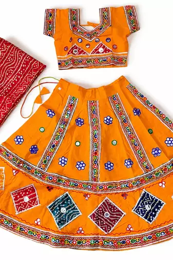 Yellow kutch work embroidered cotton mirrorwork chaniya choli set with dupatta