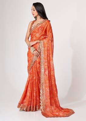 Rich coral-orange gold sequin and zari-style embroidered delicate tonal floral printed indian wedding Saree 6