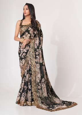 Deep black textured saree features soft beige decorated with gold sequins, floral embroidery printed party wear Saree 6