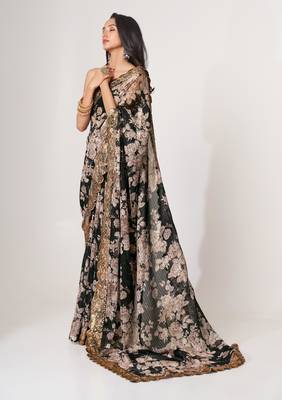 Deep black textured saree features soft beige decorated with gold sequins, floral embroidery printed party wear Saree 7