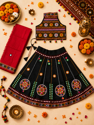 Black kutch work embroidered cotton mirrorwork chaniya choli set with dupatta 1