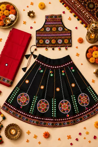 Black kutch work embroidered cotton mirrorwork chaniya choli set with dupatta