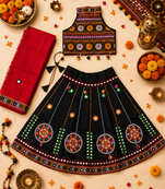 Black kutch work embroidered cotton mirrorwork chaniya choli set with dupatta