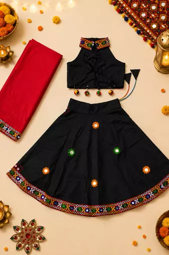 Black kutch work embroidered cotton mirrorwork chaniya choli set with dupatta
