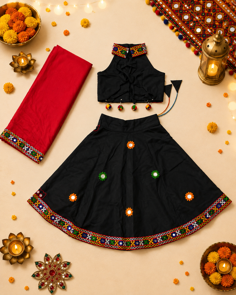 Black kutch work embroidered cotton mirrorwork chaniya choli set with dupatta