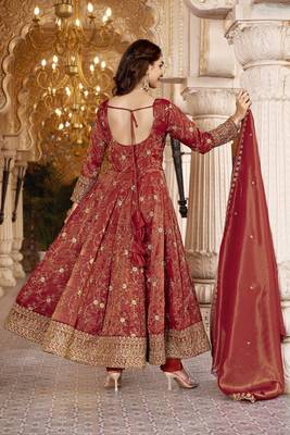 Dark orange cosmo silk  party wear embroidery anarkali  suit set 5