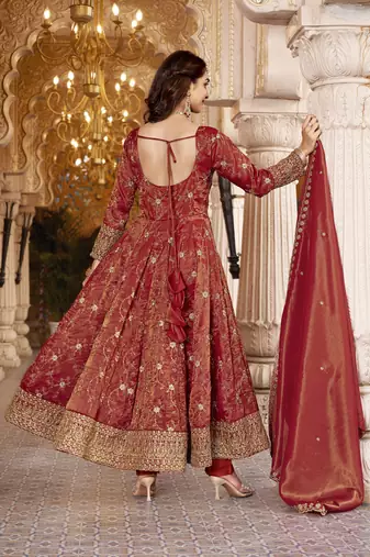 Dark orange cosmo silk  party wear embroidery anarkali  suit set