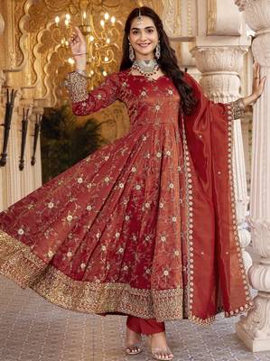 Dark orange cosmo silk  party wear embroidery anarkali  suit set 6