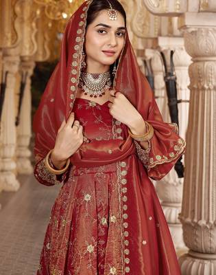 Dark orange cosmo silk  party wear embroidery anarkali  suit set 7