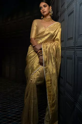 gold zari woven silk blend saree with blouse