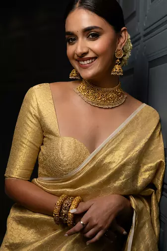 gold zari woven silk blend saree with blouse