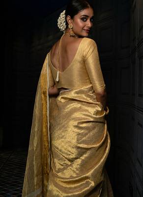 gold zari woven silk blend saree with blouse 4