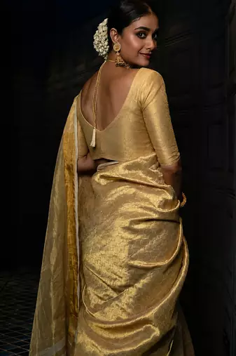 gold zari woven silk blend saree with blouse