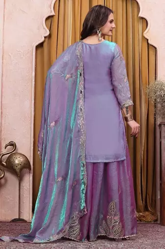 Teal lavender fendy silk party wear sharara suit set