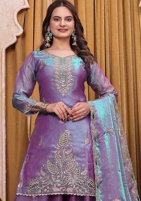 Teal lavender fendy silk party wear sharara suit set 6