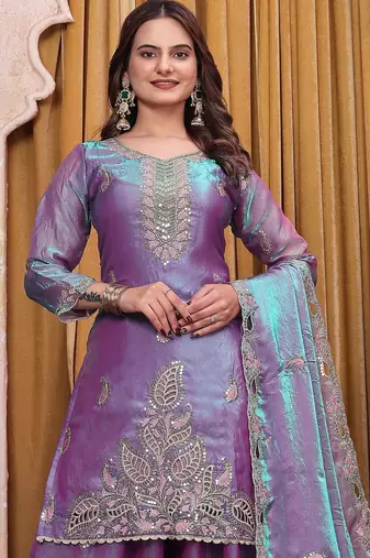 Teal lavender fendy silk party wear sharara suit set