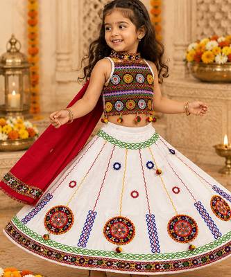 White kutch work embroidered cotton mirrorwork chaniya choli set with dupatta 1