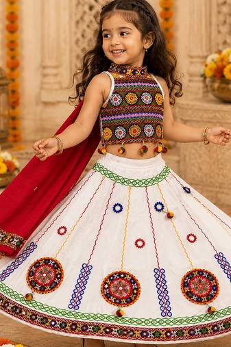 White kutch work embroidered cotton mirrorwork chaniya choli set with dupatta