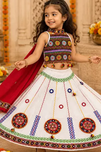 White kutch work embroidered cotton mirrorwork chaniya choli set with dupatta