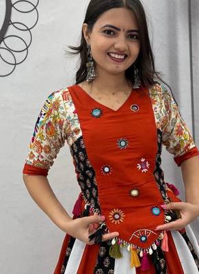 Orange hand work Cotton Navratri Lahenga Kediyu  2
