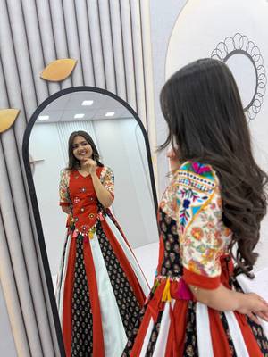 Orange hand work Cotton Navratri Lahenga Kediyu  4