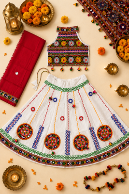 White kutch work embroidered cotton mirrorwork chaniya choli set with dupatta 2
