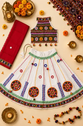 White kutch work embroidered cotton mirrorwork chaniya choli set with dupatta