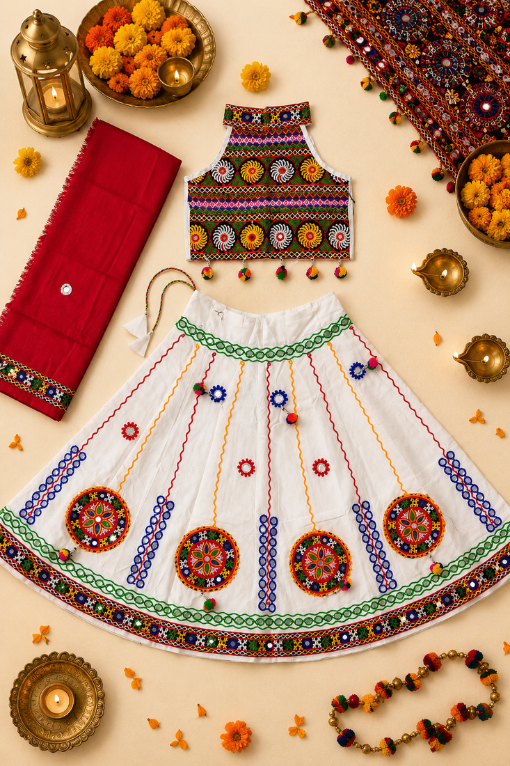 White kutch work embroidered cotton mirrorwork chaniya choli set with dupatta