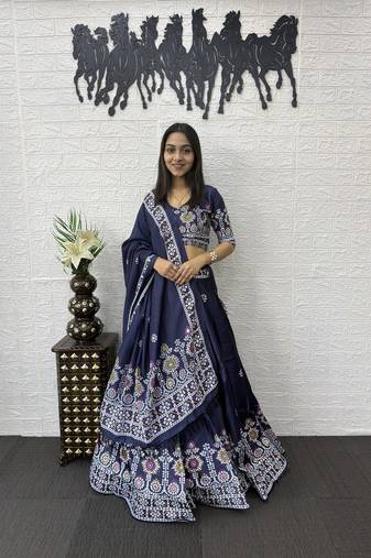 Blue Color Printed And Mirror Work Satin Lehenga Choli Set