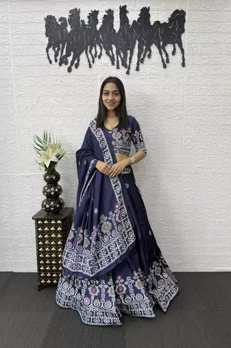 Blue Color Printed And Mirror Work Satin Lehenga Choli Set