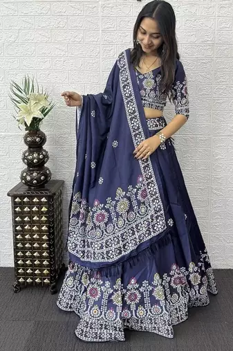 Blue Color Printed And Mirror Work Satin Lehenga Choli Set