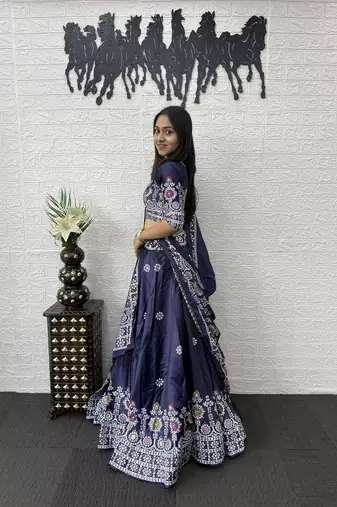 Blue Color Printed And Mirror Work Satin Lehenga Choli Set