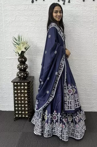 Blue Color Printed And Mirror Work Satin Lehenga Choli Set