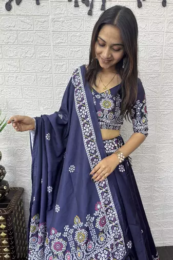 Blue Color Printed And Mirror Work Satin Lehenga Choli Set
